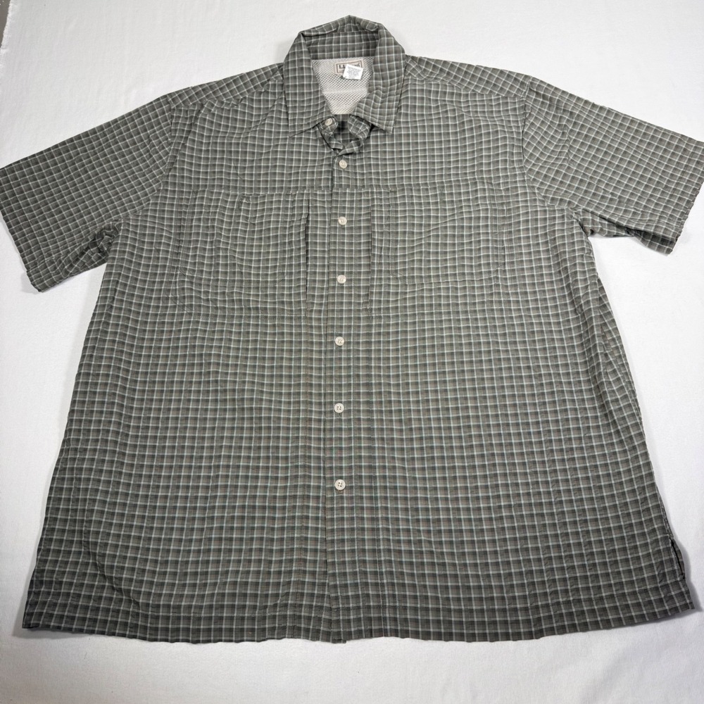 LL Bean Shirt Mens L Green Plaid Short Sleeve Nylon Utility Hiking Fishing tech